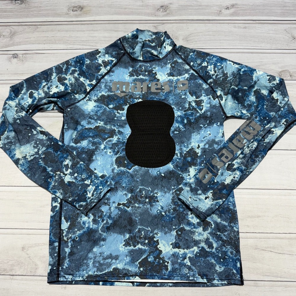 Mares Rash Guard Mens Size 3 Blue Camo Long Sleeve Spearfishing Diving Top